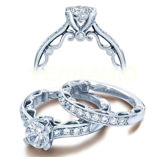 Verragio PAR-3060 R engagement ring, shown with matching pave band, round centre over filigree scrollwork and bezel accents