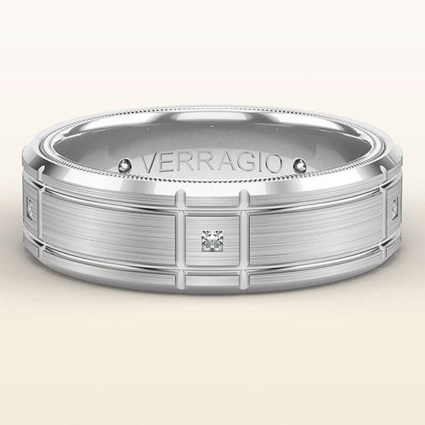 Verragio VWD-7909 14 Karat men's wedding band, angled view of the brushed finish with grooved blocks and small square diamonds