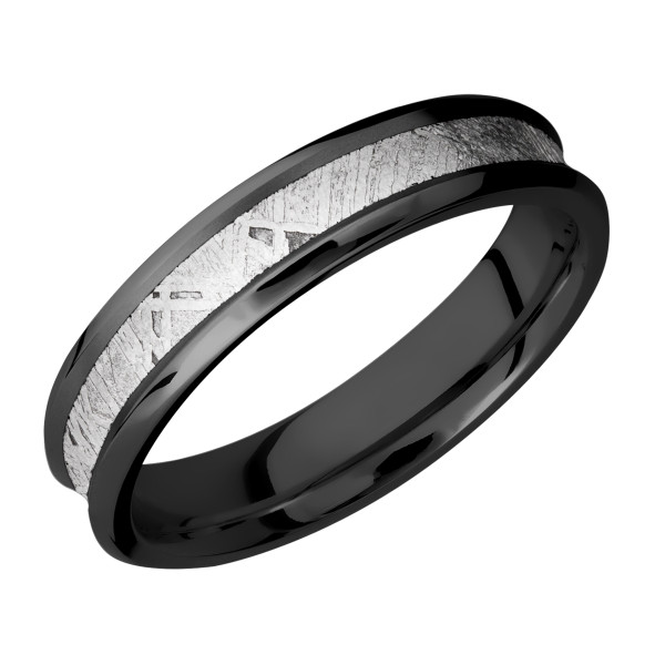 Lashbrook Z5CB13/Meteorite zirconium wedding band, angled view of a concave channel filled with crosshatched meteorite between raised polished dark rims