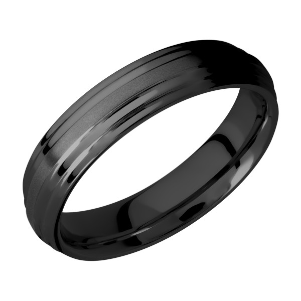 Lashbrook Z5F2S zirconium wedding band, angled view of a matte bead blasted stripe framed by twin polished grooves on a dark dome