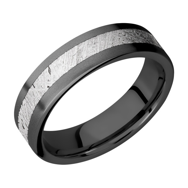 Lashbrook Z6F13/METEORITE zirconium wedding band, angled view of a flat bead blasted face with an offset crosshatched meteorite inlay strip