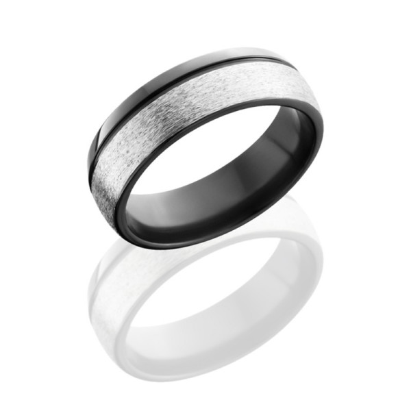 Lashbrook Z7D1.5OC zirconium wedding band, angled view of a stone finish silver center inlay set between polished black domed rails