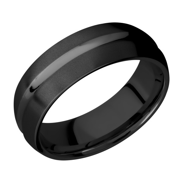 Lashbrook Z7DC zirconium wedding band, angled view of a domed bead blasted surface split by a single glossy polished center stripe