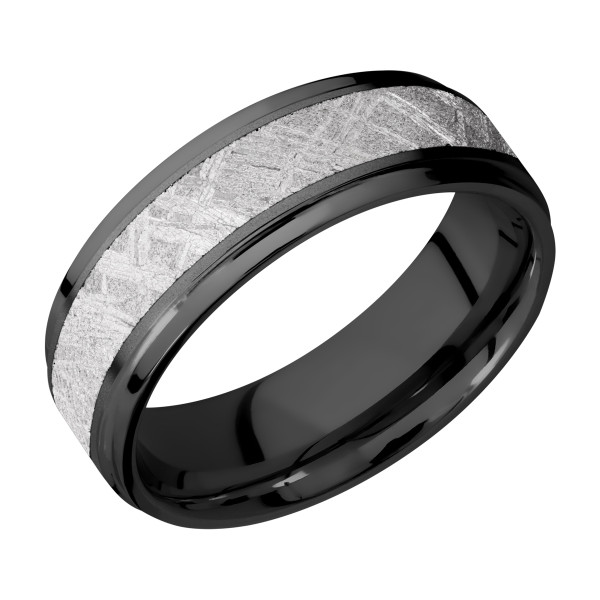 Lashbrook Z7FGE14/METEORITE zirconium wedding band, angled view of a crosshatched meteorite inlay bordered by blasted matte panels and glossy black stepped rails