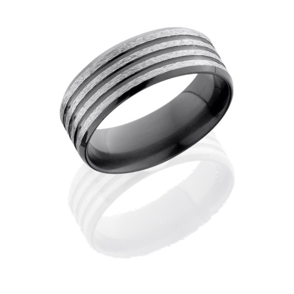 Lashbrook Z8B31(NS) zirconium wedding band, angled view of a flat face banded by several matte silver stone textured stripes separated by dark grooves