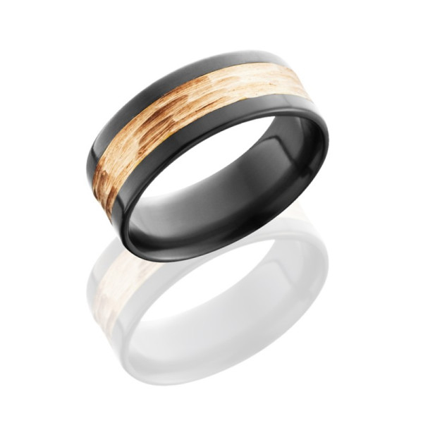 Lashbrook Z8F14/14KR zirconium wedding band, angled view of a rose gold tree bark textured inlay stripe offset across a polished black dome