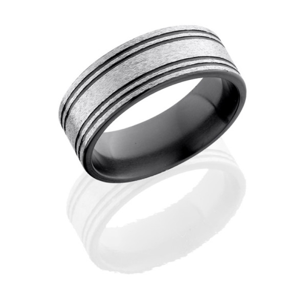 Lashbrook Z8F4SG zirconium wedding band, angled view of a flat stone finished face scored by four dark grooves above a black interior
