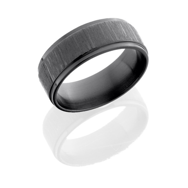 Lashbrook Z8FGE zirconium wedding band, angled view of a flat tree bark textured face between polished grooved stepped edges