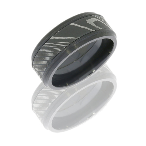 Lashbrook ZPF9B15(S)DAMASCUS zirconium wedding band, angled view of a swirled damascus center strip set between glossy blackened bevelled shoulders