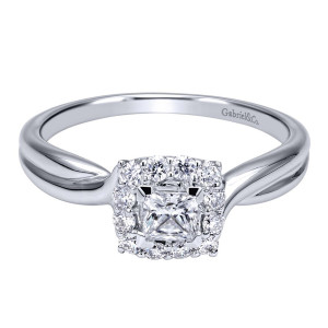 Gabriel & Co. ER911734S1W44JJ 14 karat white gold Contemporary engagement ring, front view of a square center inside a halo of larger rounds on polished shoulders