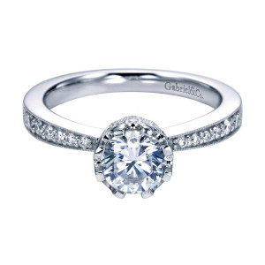 Gabriel & Co. ER6667W44JJ 14 karat white gold Victorian engagement ring, front view of the round center in a clawed crown ringed by small stones