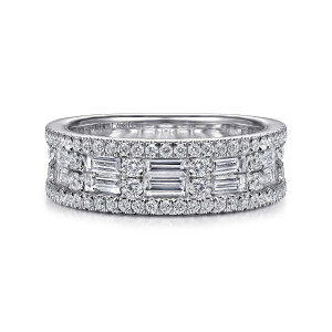 Gabriel 14 Karat White Gold Wide Micro Tiger Claw and Channel Setting Round and Baguette Diamond Anniversary Band AN15038W44JJ