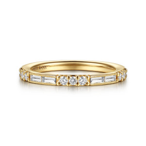 Gabriel 14 Karat Yellow Gold Vintage Inspired Beads Setting Round and Channel Set Baguette Diamond Anniversary Band AN17216Y44JJ