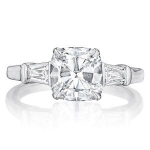 Henri Daussi AWT Classic Cushion with Tapered Baguette Diamonds Engagement Ring