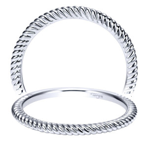 Taryn TW8692W4JJJ 14 karat white gold wedding band, angled view of a twisted rope texture wrapping the entire circumference, interior left smooth
