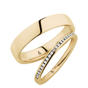 Christian Bauer 247061 14 karat yellow gold diamond wedding band, angled view of a polished flat profile with square edges and a channel set row of tiny stones halfway around, shown with its matching ring