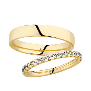 Christian Bauer 247062 18 karat yellow gold diamond wedding band, angled view of a polished rounded profile with a half row of small round stones in scalloped shared prongs, shown with its matching ring