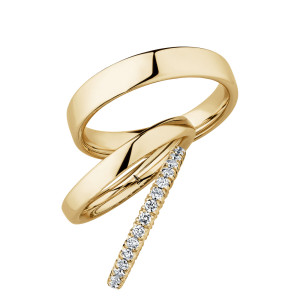 Christian Bauer 247102 14 karat yellow gold diamond wedding band, profile view of a dense continuous row of small round stones set in shared prongs on a rounded profile, shown with its matching rings