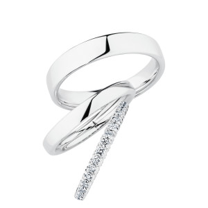Christian Bauer 247102 18 karat white gold diamond wedding band, profile view of a dense continuous row of small round stones set in shared prongs on a rounded profile, shown with its matching rings