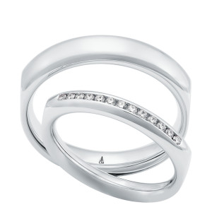 Christian Bauer 247146 platinum diamond wedding band, angled view of a polished softly squared outline with a straight channel of small stones across the front, shown with its matching ring