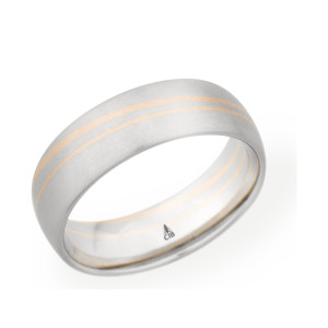 Christian Bauer 274304 two-tone platinum and 14 karat gold wedding band, angled view of a brushed white dome inlaid with two fine rose lines set toward one edge