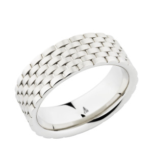 Christian Bauer 274320 platinum wedding band, angled view of a flat face woven into a raised basket weave texture in satin, polished interior