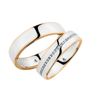 Christian Bauer 274440 two-tone 14 karat gold wedding band, angled view of a mirror polished white center face edged on both sides by narrow rose milgrain rails, shown with its matching ring
