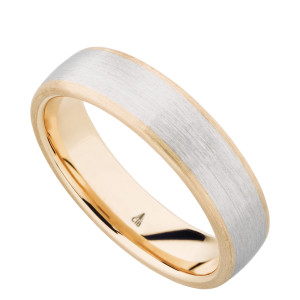 Christian Bauer 274520 two-tone platinum and 18 karat gold wedding band, angled view of a brushed white center between bright polished rose edge rails over a rose interior