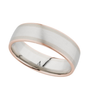 Christian Bauer 274597 two-tone platinum and 14 karat gold wedding band, angled view of a satin white center bordered by fine white gold strips and polished rose edge rails