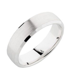 Christian Bauer 274606 18 karat white gold wedding band, angled view of a brushed flat face dropping to polished bevels cut in short flat facets, polished interior