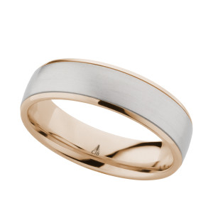 Christian Bauer 274609 two-tone platinum and 14 karat gold wedding band, angled view of a brushed white center panel over a polished rose sleeve showing as fine edge rails