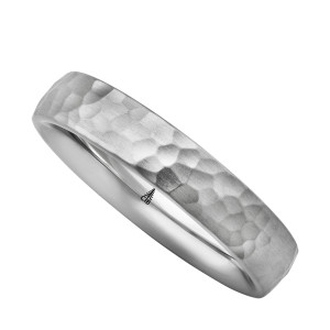 Christian Bauer 274749 14 karat white gold wedding band, angled view of a matte hammered dome running straight into rounded edges above a polished interior