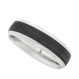 Christian Bauer 274756 18 karat white gold wedding band, angled view of a domed profile with a black carbon inlay filling the center between polished edge rails