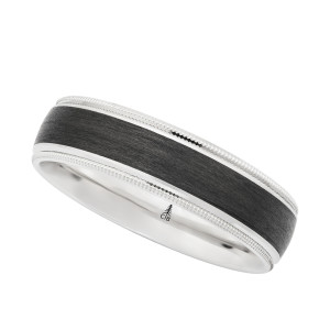 Christian Bauer 274758 18 karat white gold wedding band, angled view of a black carbon center inlay bordered by fine milgrain beading and polished edges