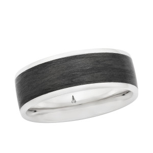 Christian Bauer 274759 platinum wedding band, front view of a flat face filled edge to edge with black carbon between fine polished rails