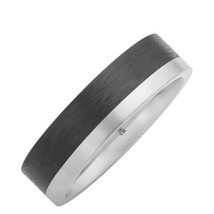 Christian Bauer 274760 14 karat white gold wedding band, angled view of a flat face split off center between a black carbon panel and a brushed metal strip