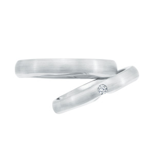 Christian Bauer 274792 platinum wedding band, angled view of a brushed dome curving without any edge treatment into a mirror polished interior, shown with its matching ring