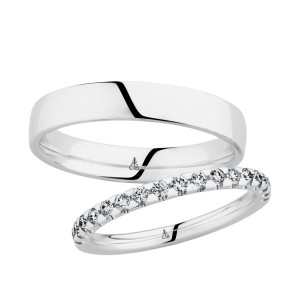 Christian Bauer 280153 14 karat white gold wedding band, angled view of a flat polished face with softly rounded edges and a bright polished interior, shown with its matching ring