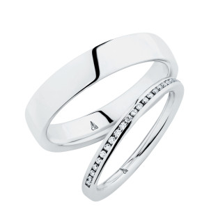 Christian Bauer 280154 platinum wedding band, angled view of a gently domed polished face with rounded edges, the surface running straight into a polished interior, shown with its matching ring