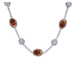 Gabriel & Co. NK4302ETSVJSQ sterling silver Roaring 20's Diamond Station necklace, close view of bezel-set oval brown stones alternating