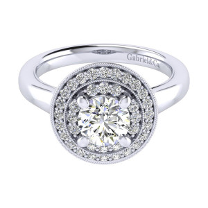 Gabriel & Co. ER009B4AHW44JJ 14 karat white gold Perfect Match engagement ring, front view of the round center circled by two milgrain edged halo rows