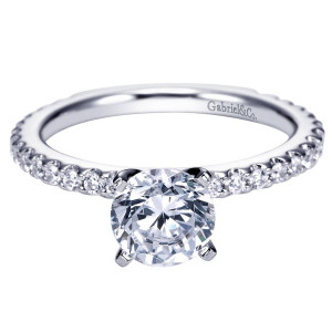 Gabriel & Co. ER4124W44JJ 14 karat white gold Contemporary engagement ring, front view of the round center held low over a thin stone lined hoop