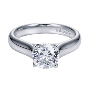 Gabriel & Co. ER6602PTJJJ platinum Contemporary engagement ring, front view of a round center in four rounded prongs above a smoothly flared shank