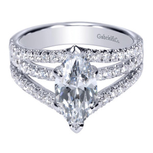 Gabriel & Co. ER8902W44JJ 14 karat white gold Contemporary engagement ring, top view of the marquise center with three pave rails splaying across the shoulders
