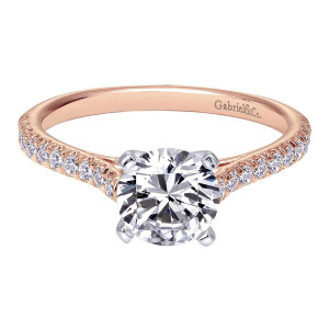 Gabriel & Co. ER7224T44JJ two-tone 14 karat gold Contemporary engagement ring, top view of the round center set in four prongs between tapering pave rails