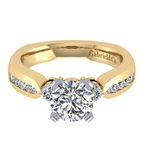 Gabriel & Co. ER3993M44JJ two-tone 14 karat gold Contemporary engagement ring, front view of a round center flanked by two larger rounds above channel set shoulders