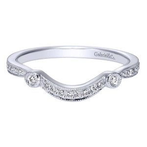 Gabriel & Co. WB4158W44JJ 14 karat white gold Victorian wedding band, front view of the dipped contour row with milgrain rims and two bezel set rounds