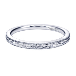 Gabriel & Co. WB7222W4JJJ 14 karat white gold Victorian wedding band, front view of unbroken wheat engraving framed by fine milgrain rims and no stones