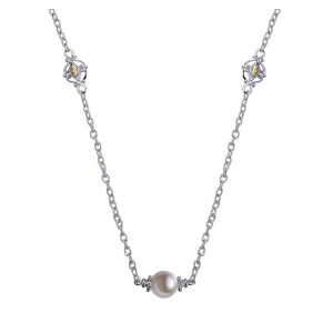 Gabriel & Co. NK3427MYJPL two-tone sterling silver and 18 karat gold Roaring 20's Diamond Station necklace, front view of the textured link chain