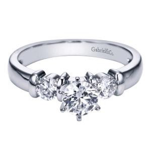 Gabriel & Co. ER1701PT3JJ platinum Contemporary engagement ring, angled view of a round center on six prongs with one bar set round each side